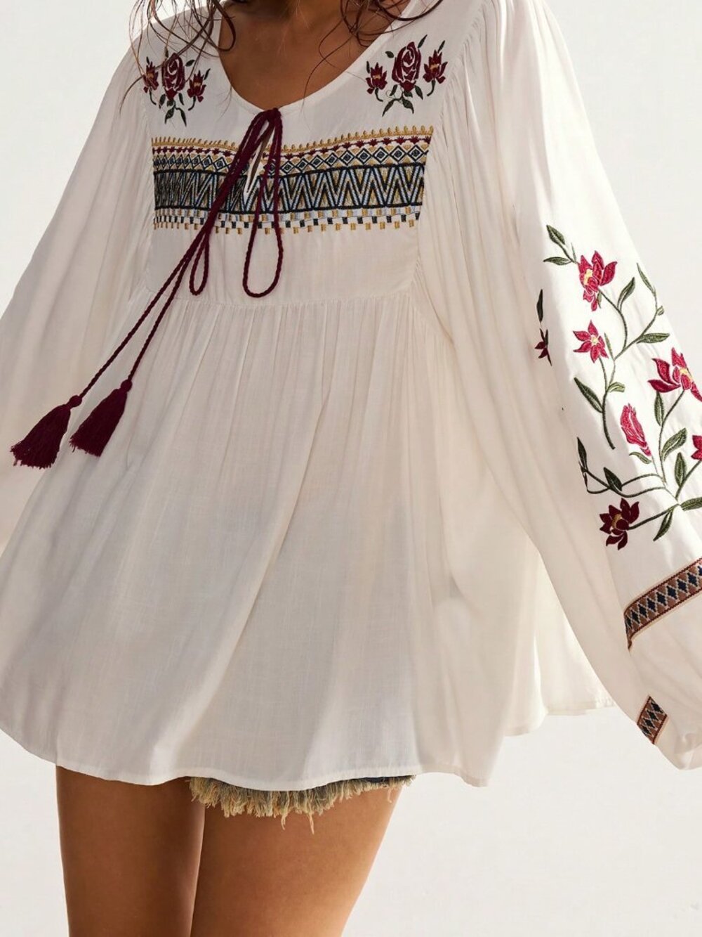 White Boho Women's Floral Knot Front Long Sleeve Casual Blouse - Picture 3 of 7